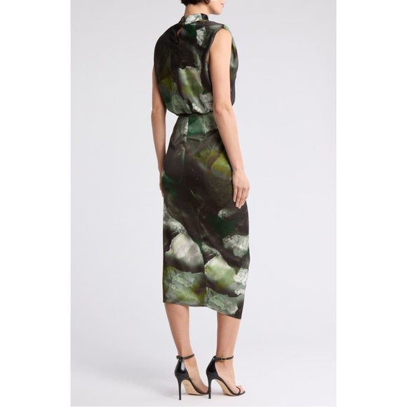 All Saints Isa Appalachian Abstract Green Silk Blend Sheath Midi Dress sz 4 - Picture 15 of 16